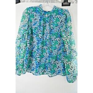 LOFT Women Size M Floral Ruffle Neck Blouse Long Sleeve Blue Green Keyhole Back